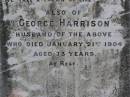 Susan Jane Harrison
d: 27 Mar 1892, aged 54
George Harrison
d: 21 Jan 1904, aged 73
Woodhill cemetery (Veresdale), Beaudesert shire