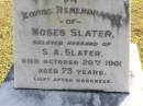 Moses Slater
(husband of S A Slater)
20 Oct 1901, aged 73
Sarah A Slater
(wife of Moses Slater)
25 Feb 1906, aged 75
Joseph
(son of Moses and Sarah A Slater)
17 Nov 1889, aged 23
Woodhill cemetery (Veresdale), Beaudesert shire