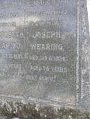 Elizabeth Wearing
d: 13 Oct 1951, aged 69
Joseph Wearing
d: 6 Jan 1936, aged 78
Woodhill cemetery (Veresdale), Beaudesert shire