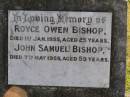 Royce Owen Bishop
1 Jan 1955, aged 25
John Samuel Bishop
7 May 1955, aged 59
Woodhill cemetery (Veresdale), Beaudesert shire