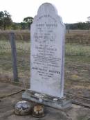 James BROWNE,
died 6 April 1890 aged 41 years;
Margaret,
wife,
died 7 Sept 1907 aged 58 years;
Thomas George, son,
died 2 Feb 1889 aged 13 months;
erected by children;
John Foster BROWNE,
died 3 Dec 1960 aged 80 years;
Yangan Anglican Cemetery, Warwick Shire