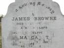 James BROWNE,
died 6 April 1890 aged 41 years;
Margaret,
wife,
died 7 Sept 1907 aged 58 years;
Thomas George, son,
died 2 Feb 1889 aged 13 months;
erected by children;
John Foster BROWNE,
died 3 Dec 1960 aged 80 years;
Yangan Anglican Cemetery, Warwick Shire