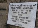 Niels Peter JOHNSON,
died 27 Oct 1941 aged 61 years;
Helen JOHNSON,
died 12 Aug 1956 aged 71 years;
Yangan Anglican Cemetery, Warwick Shire