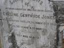 Eveline Gertrude JONES,
daughter sister,
died 15 Oct 1918 aged 38 years 10 months;
Yangan Anglican Cemetery, Warwick Shire