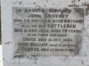 John DEVENEY,
died 28 Sept 1928 aged 84 years;
Gottleben,
wife,
died 8 Nov 1932 aged 75 years;
children;
David,
died 16 Dec 1903;
Hugh William,
died in infancy;
George,
died 15 March 1911;
Yangan Anglican Cemetery, Warwick Shire