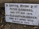 Peter AMUNDSEN,
died 17 Sept 1914;
Elizabeth AMUNDSEN,
died 6 APril 1936;
erected by Kate;
Yangan Anglican Cemetery, Warwick Shire