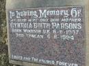 Cynthia Edith PARSONS,
wife mother,
born Windsor UK 6-11-1937;
died Yangan 6-6-1994;
Yangan Anglican Cemetery, Warwick Shire