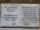 Isabella ZACKRISEN,
mother,
1892 - 1992;
Frederick Charles ZACKRISEN,
husband father,
died 7 Feb 1965 aged 81 years;
Yangan Anglican Cemetery, Warwick Shire