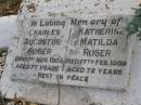 Charles Augustus ROSER,
died 1 Nov 1959 aged 77 years;
Katherine Matilda ROSER,
died 17 Feb 1959 aged 72 years;
Yangan Anglican Cemetery, Warwick Shire