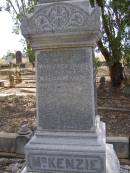 Margaret Allan,
wife of William MCKENZIE,
born Dundee Scotland 1 Nov 1853
died Warwick 26 July 1912;
William MCKENZIE,
died 4 May 1916 aged 68 years;
Yangan Presbyterian Cemetery, Warwick Shire