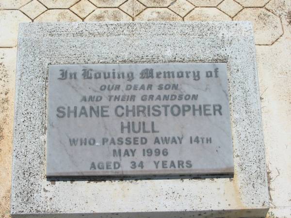 Walter WATSON,  | husband father,  | died 16 Feb 1967 aged 83 years;  | Emma Agnes WATSON,  | mother nana,  | died 29 July 1982 aged 80 years;  | Shane Christopher HULL,  | son grandson,  | died 14 May 1996 aged 34 years;  | Yarraman cemetery, Toowoomba Regional Council  | 