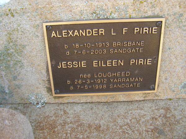 Elizabeth Ann PIRIE,  | mother,  | died 29 Jan 1957;  | Robert Hill PIRIE,  | father,  | died 29 Aril 1957;  | Alexander L.F. PIRIE,  | born Brisbane 18-10-1913,  | died Sandgate 7-6-2003;  | Jessie Eileen PIRIE (nee LOUGHEED),  | born Yarraman 26-3-1912,  | died Sandgate 7-5-1998;  | Yarraman cemetery, Toowoomba Regional Council  | 