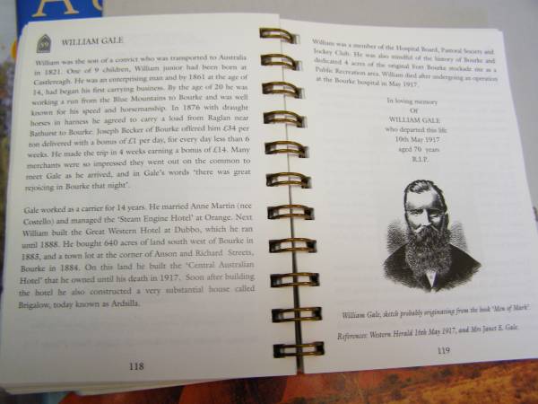 William Gale (a relative of David's) built and ran  | the Central Australian Hotel ibetween about 1883  | and his death in 1917,  | Bourke, New South Wales  | 