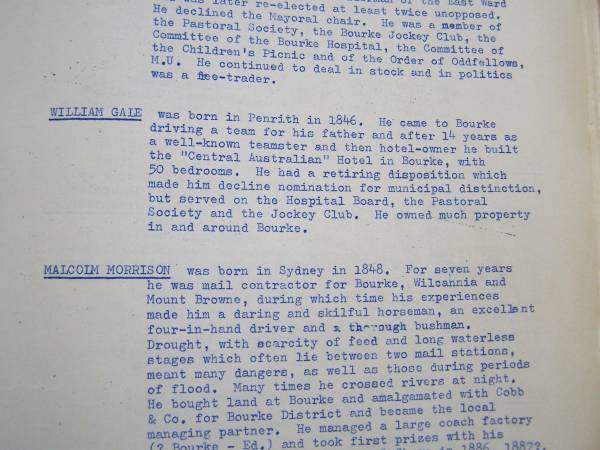 Gale family history,  | Bourke, NSW  | 