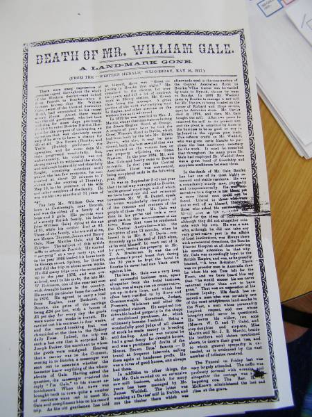 Obituary of William Gale  | in  Western Herald  Wed 16 May 1917,  | Bourke, New South Wales  | 