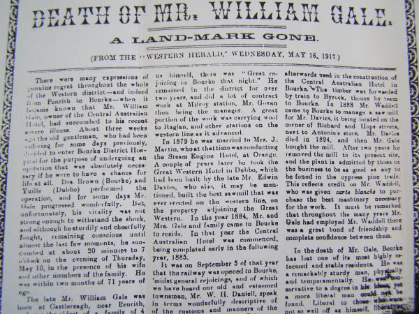 Obituary of William Gale  | in  Western Herald  Wed 16 May 1917,  | Bourke, New South Wales  | 
