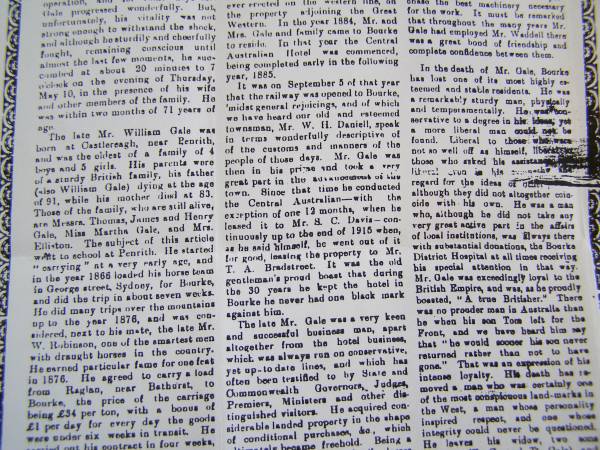 Obituary of William Gale  | in  Western Herald  Wed 16 May 1917,  | Bourke, New South Wales  | 