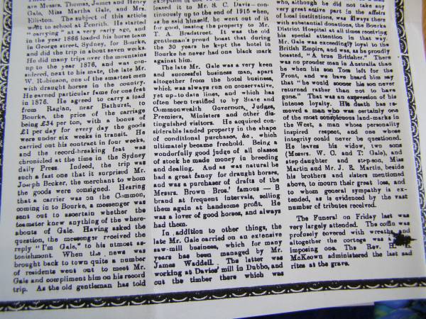 Obituary of William Gale  | in  Western Herald  Wed 16 May 1917,  | Bourke, New South Wales  | 