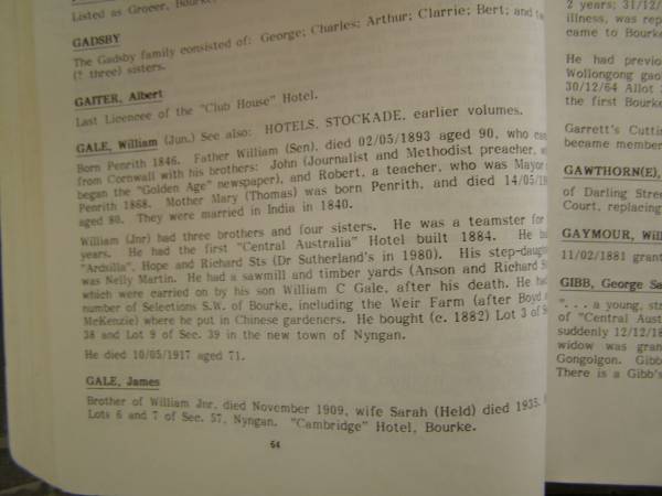Gale family history,  | Bourke, New South Wales  | 