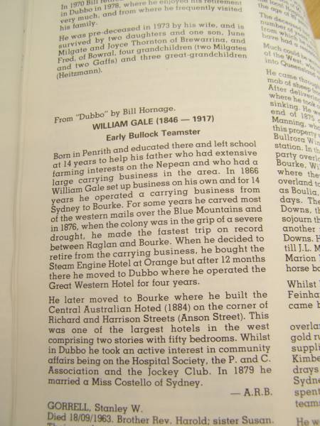 Gale family history,  | Bourke, New South Wales  | 