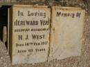 Hereward Vere WEST; (d: 14 Feb 1937, aged 63) Fowlers Bay cemetery, South Australia 