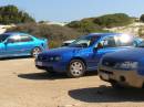 Our car gets to park with two other shiny blue ones at the old Eucla Telegraph Station, Eucla willage, Nullarbor Plain, Eyre Highway, Western Australia 