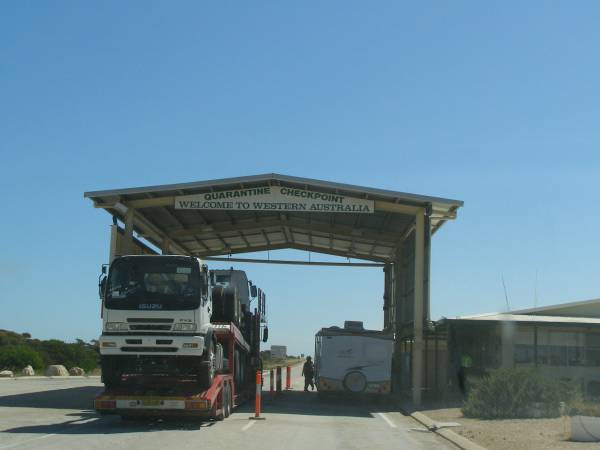 They also check for horses in your vehicle,  | Border Village and fruitfly check point,  | Nullarbor Plain,  | Eyre Highway,  | border of South Australia and Western Australia  | 